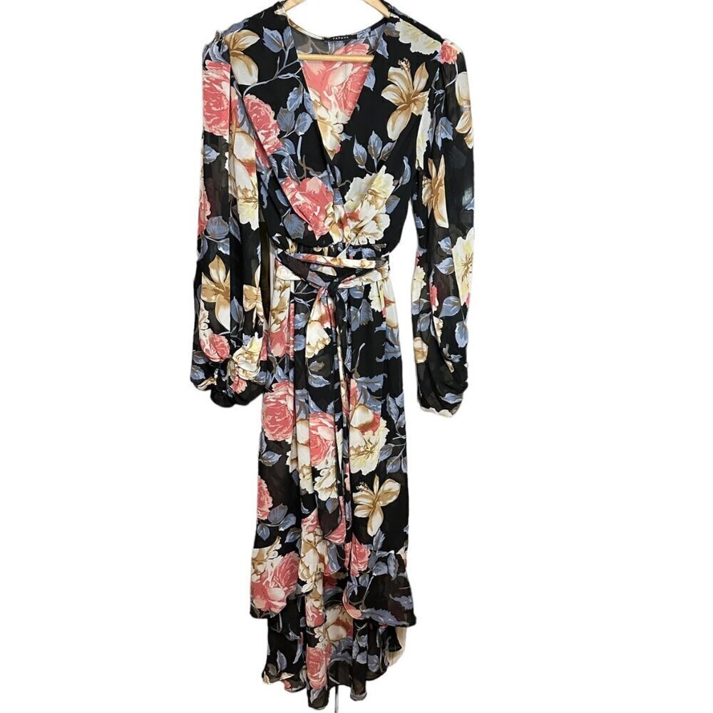 Papaya Floral Wrap Dress V-Neck Long Sleeves Belted Romantic Flowy Womens Size M
